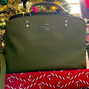 Olive green Coach hand bag and matching tan C zippered wallet